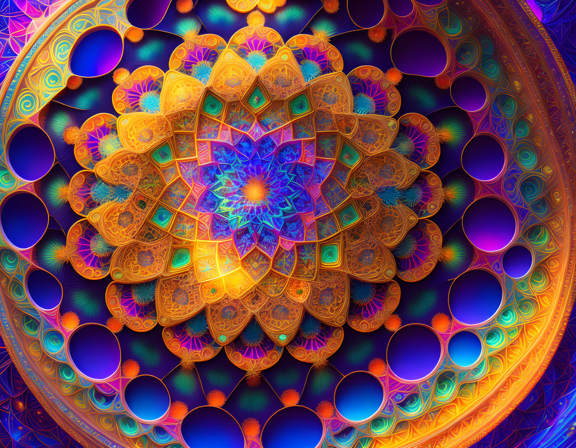 Colorful Digital Mandala with Symmetrical Patterns in Blue, Orange, and Purple