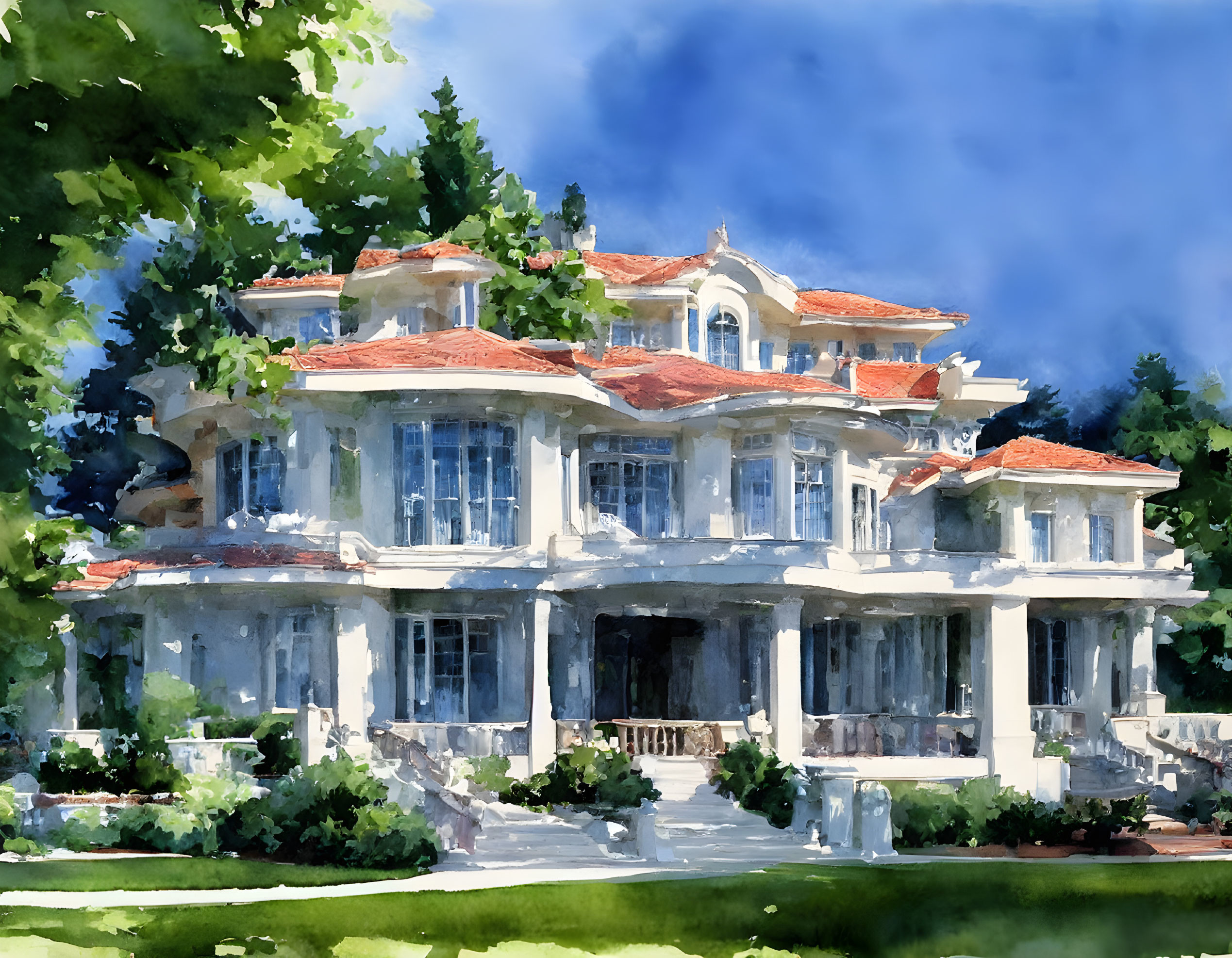 Large Two-Story House with Multiple Balconies in Watercolor Style