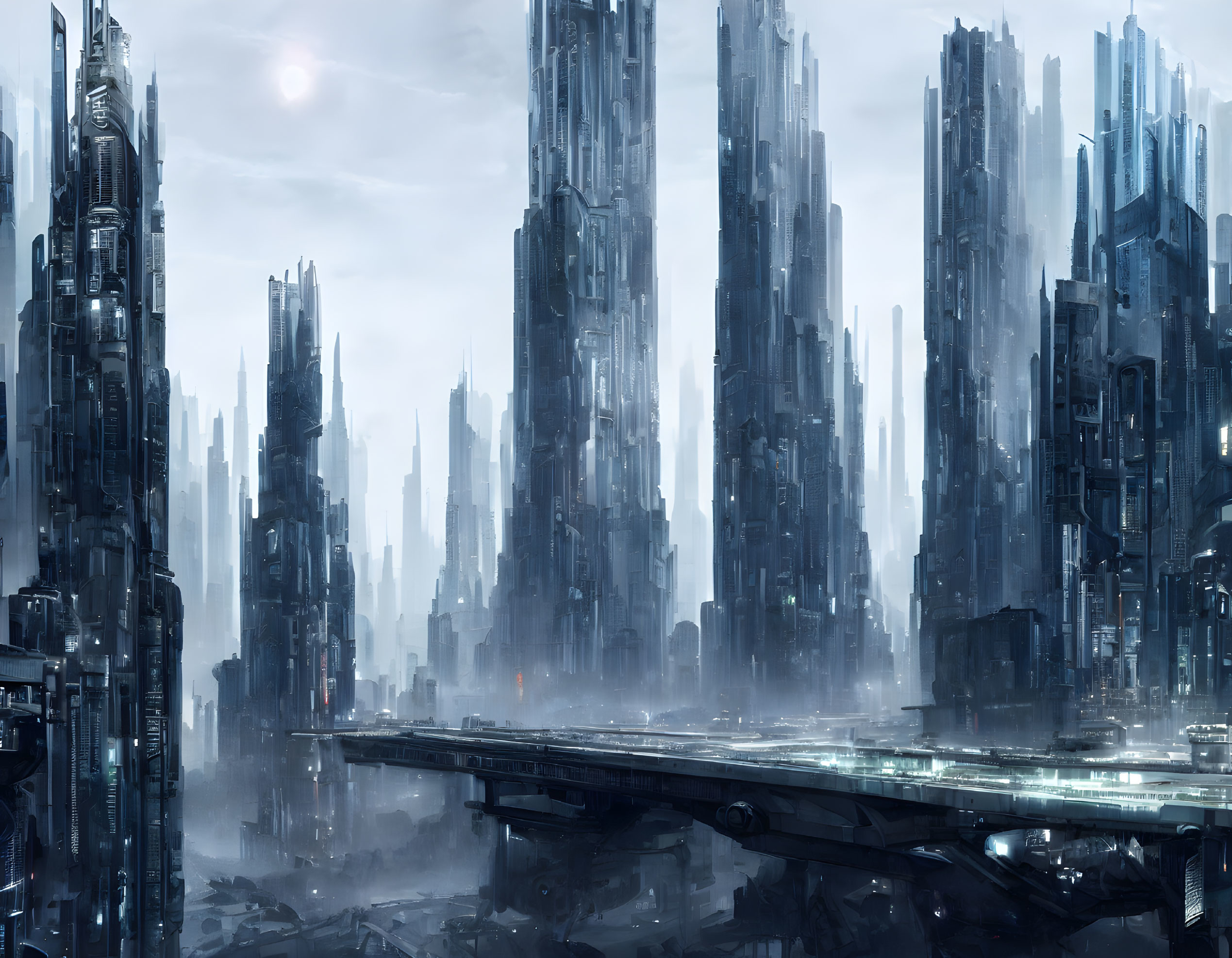 Futuristic cityscape with misty skyscrapers and sleek bridge.