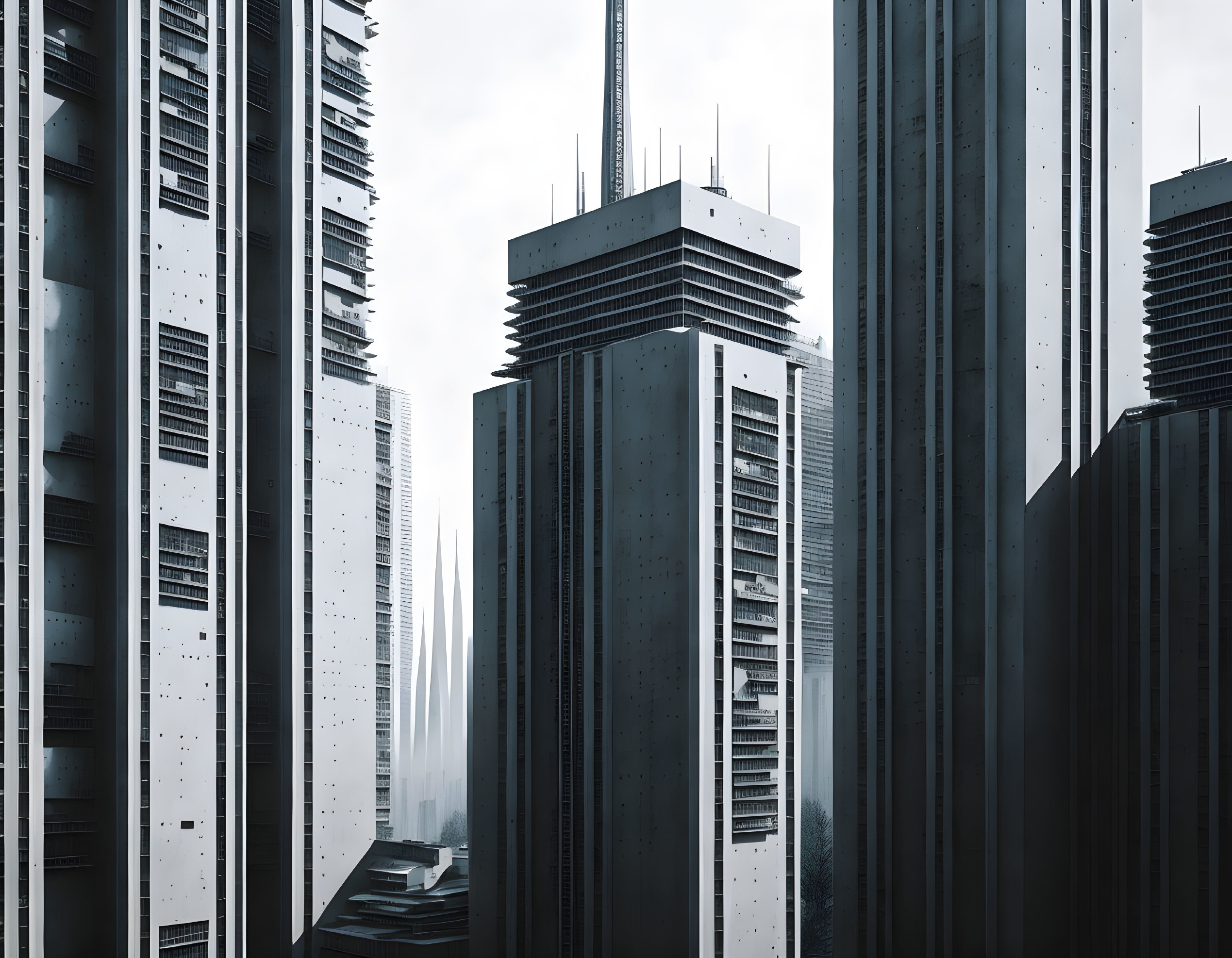 Monochromatic urban skyscrapers in misty cityscape