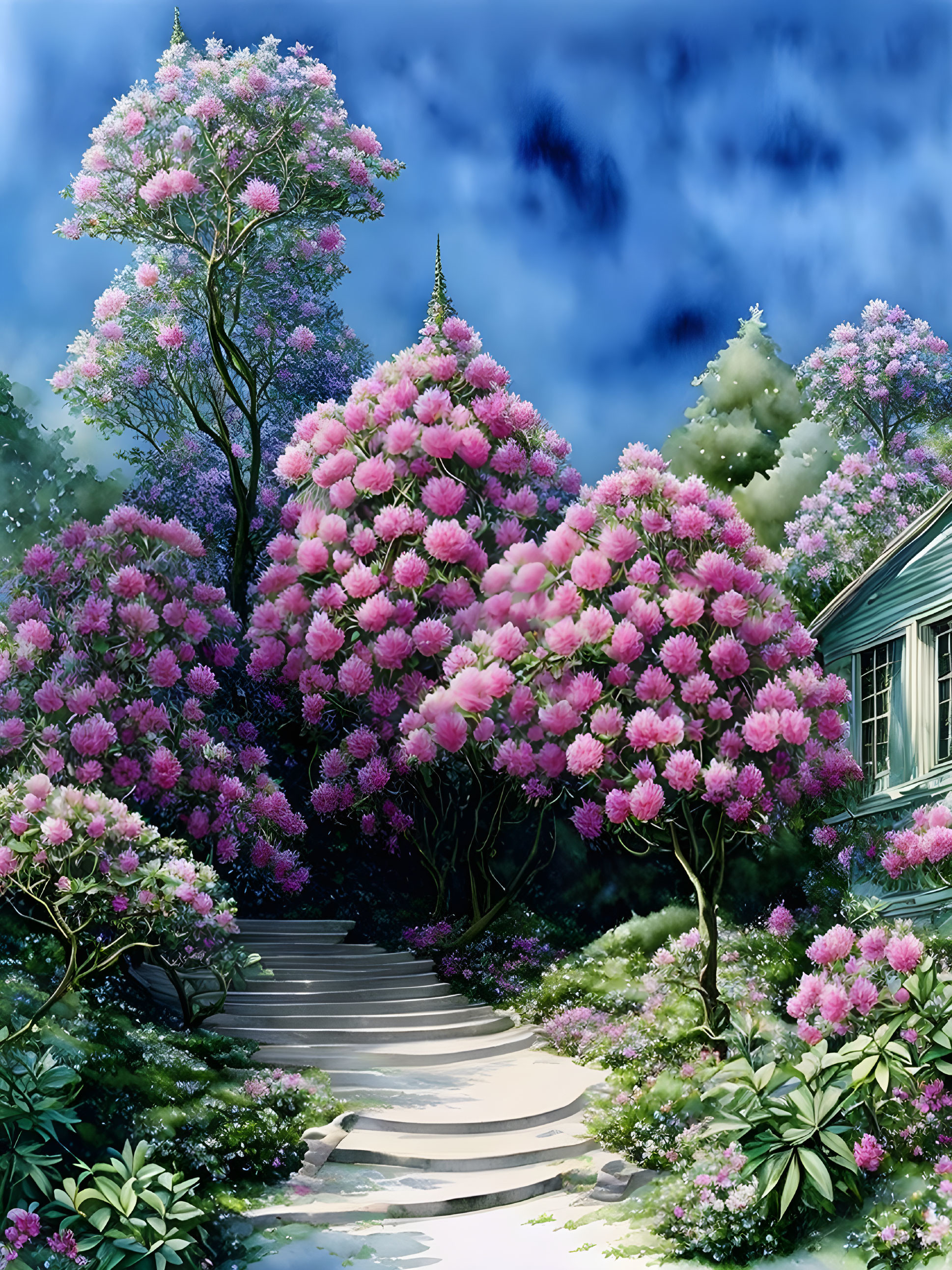 Vibrant pink and purple flowering bushes on garden path under clear blue sky