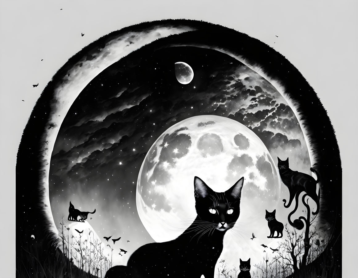 Black and White Illustration of Cats Under Night Sky