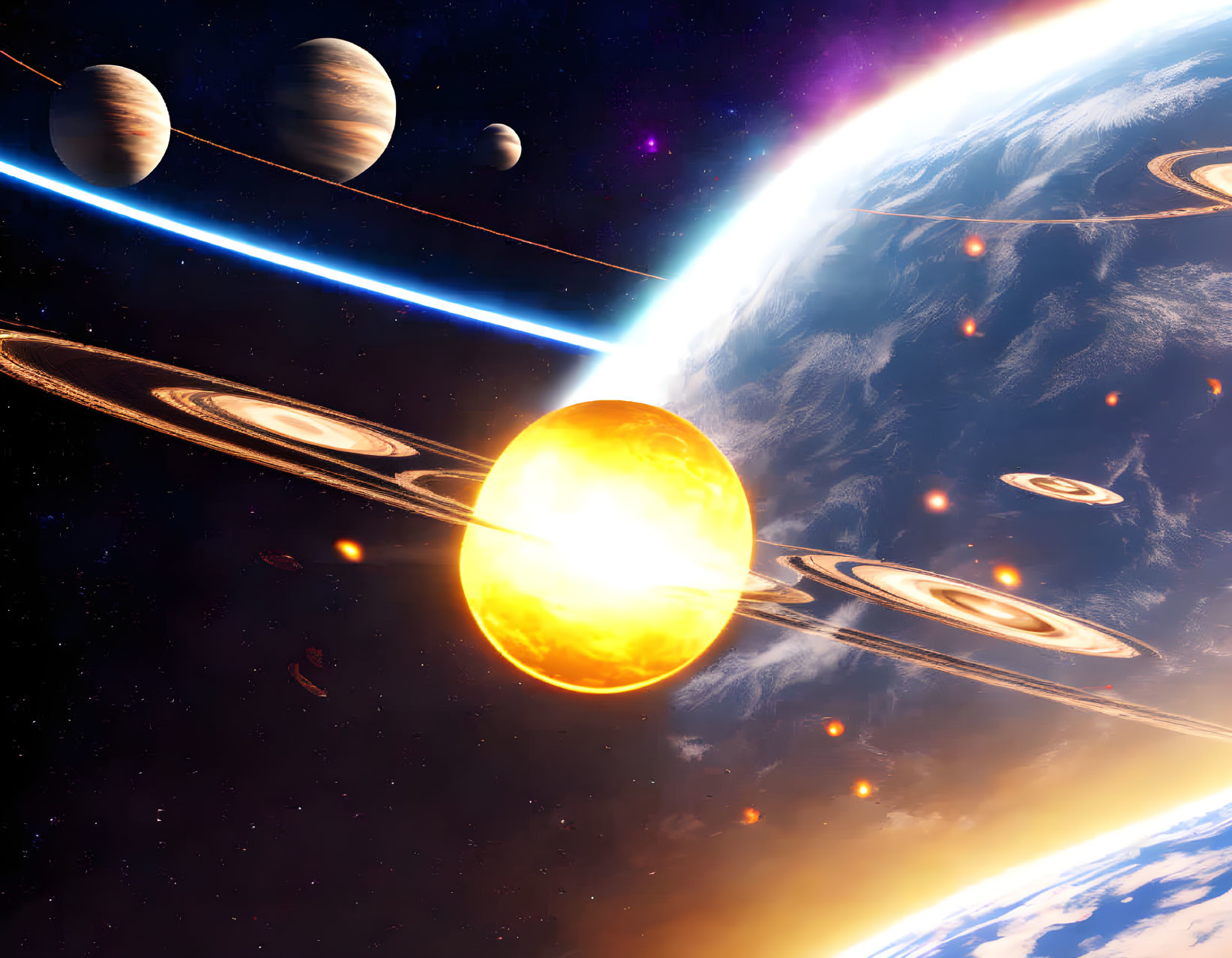 Colorful sci-fi artwork: fiery sun, planets, spaceship, Earth-like planet in space.