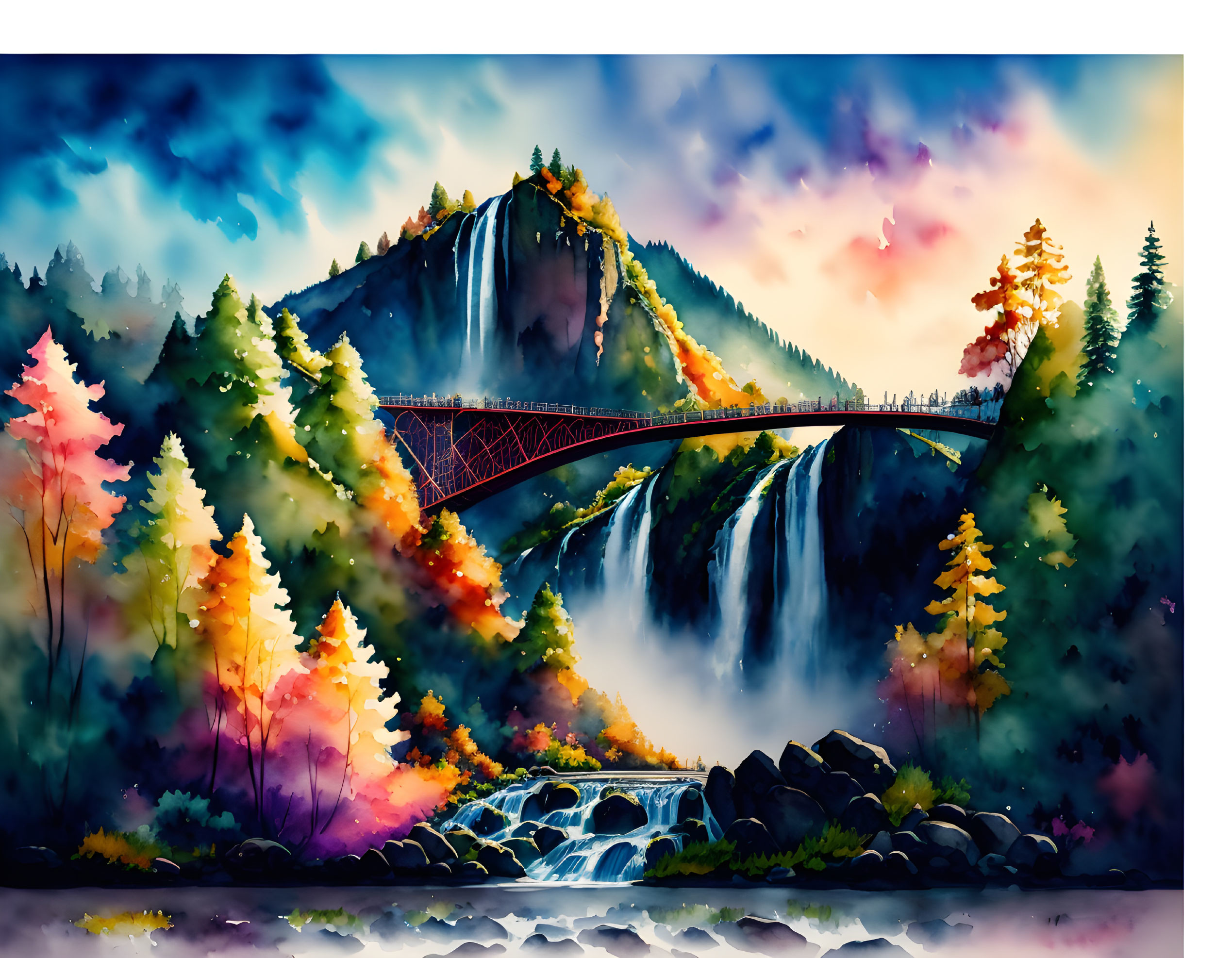 Scenic waterfall painting with bridge, autumn trees, and cloudy sky