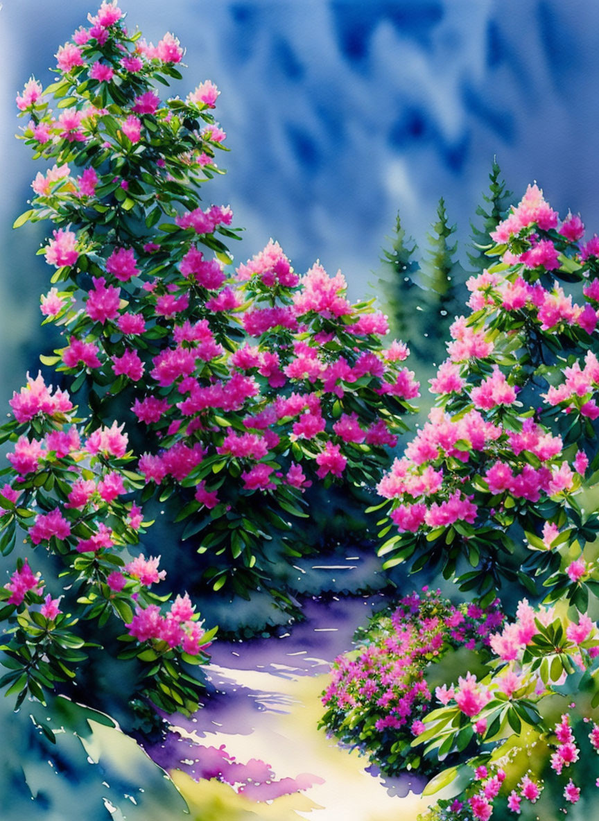 Vibrant painting of pink flowers, green shrubbery, stone path, blue background