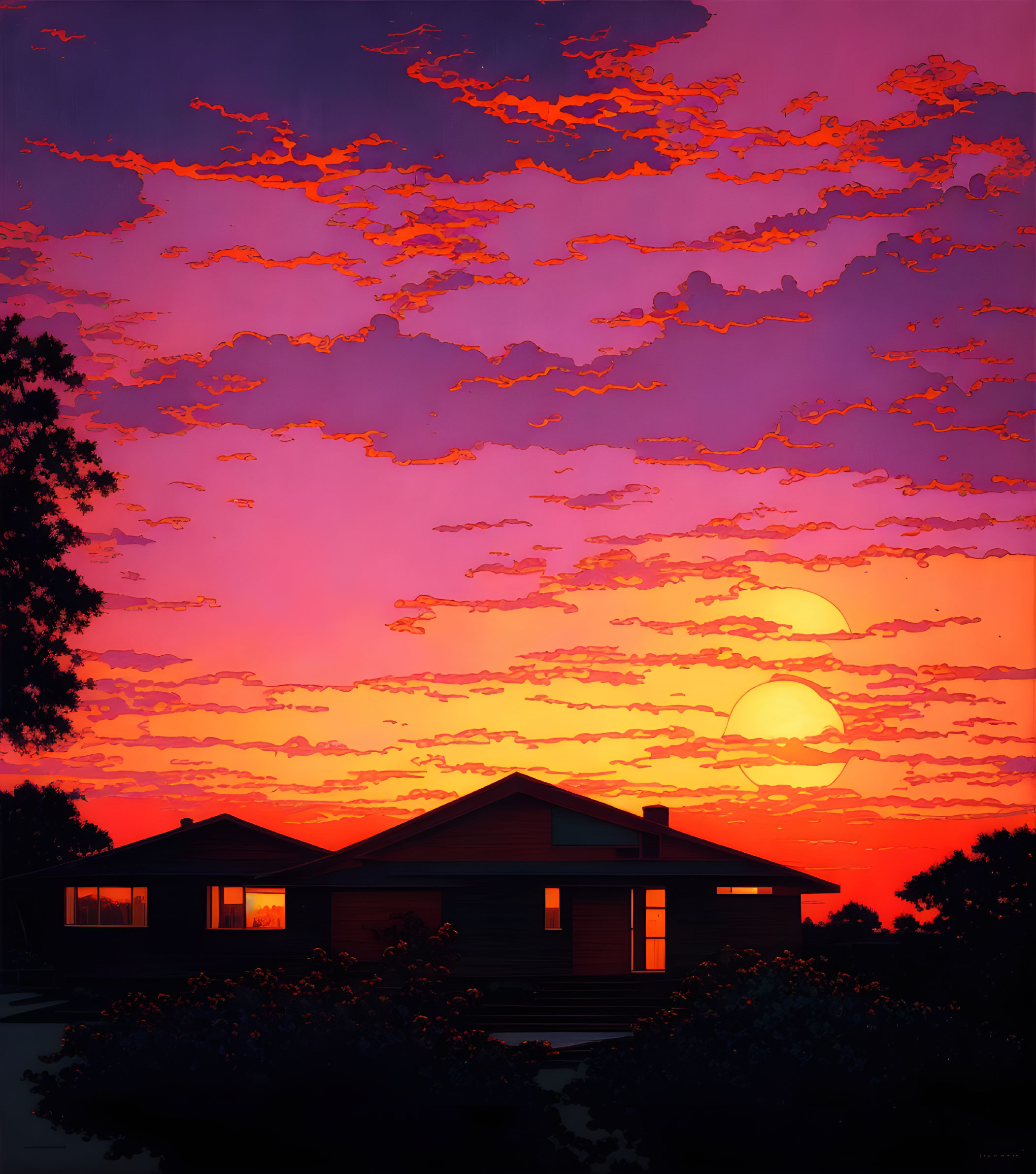 Vibrant orange and pink sunset over silhouette of house