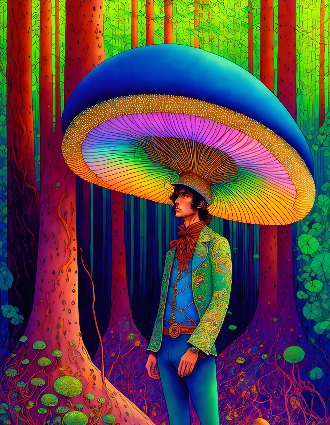 Colorful Illustration: Person with Mushroom Cap in Psychedelic Forest