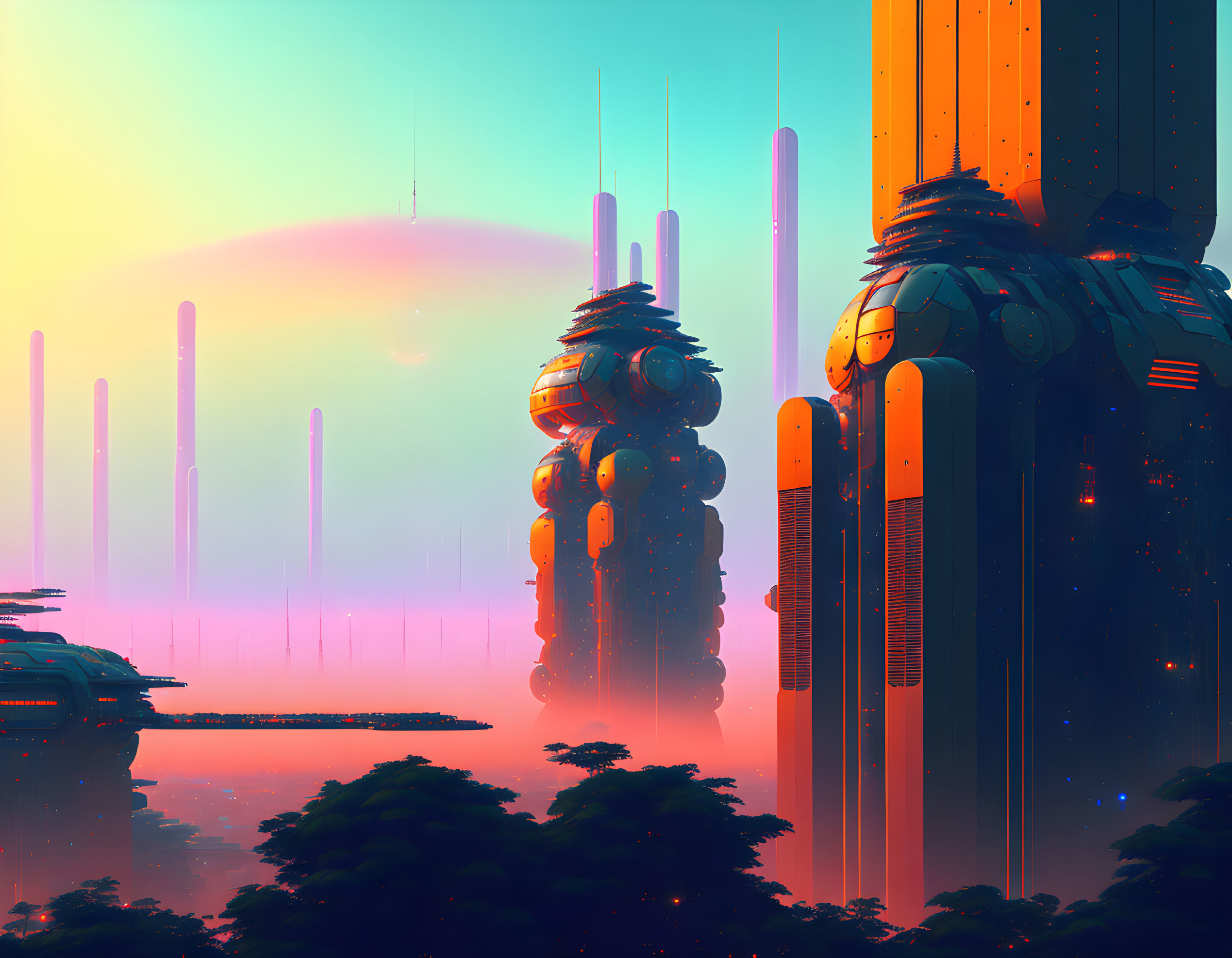 Futuristic cityscape with towering structures and advanced architecture in orange-pink sky