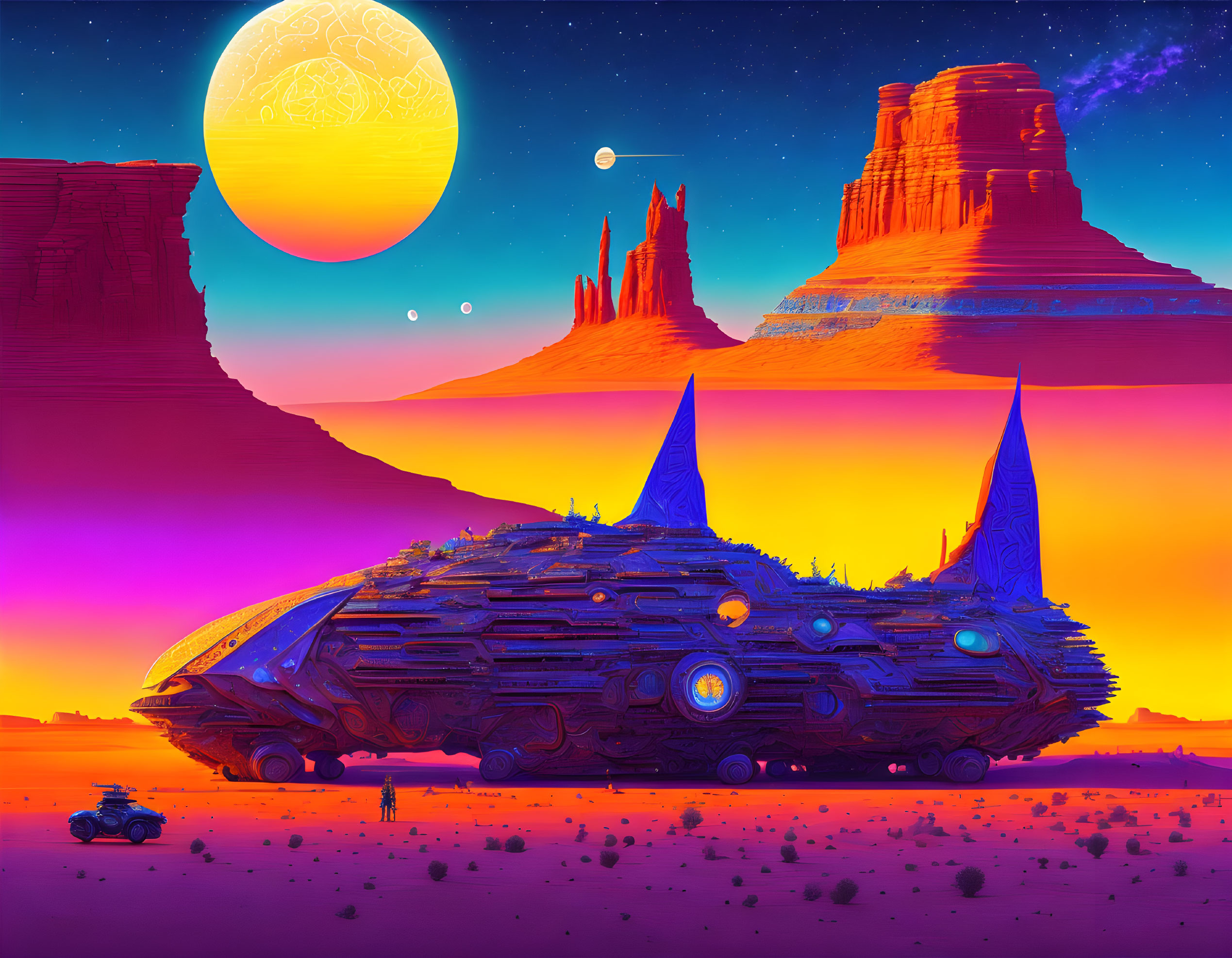 Futuristic spaceship on alien desert with rock formations and yellow planet