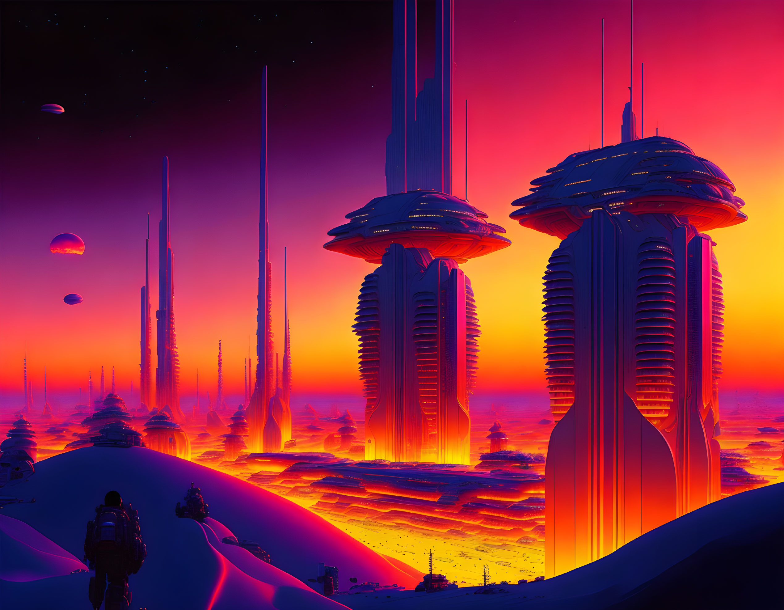 Futuristic cityscape with towering skyscrapers under alien sunset sky