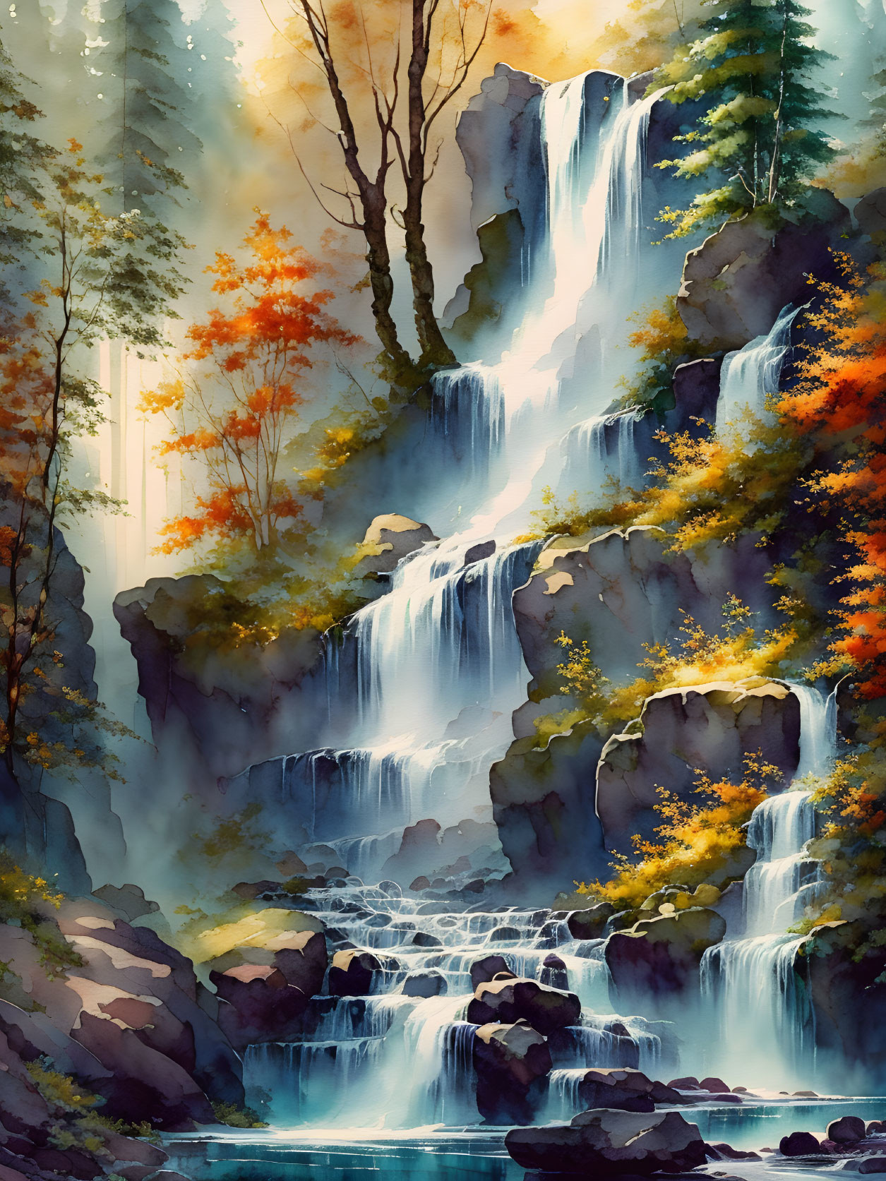 Tranquil multi-tiered waterfall in autumn setting