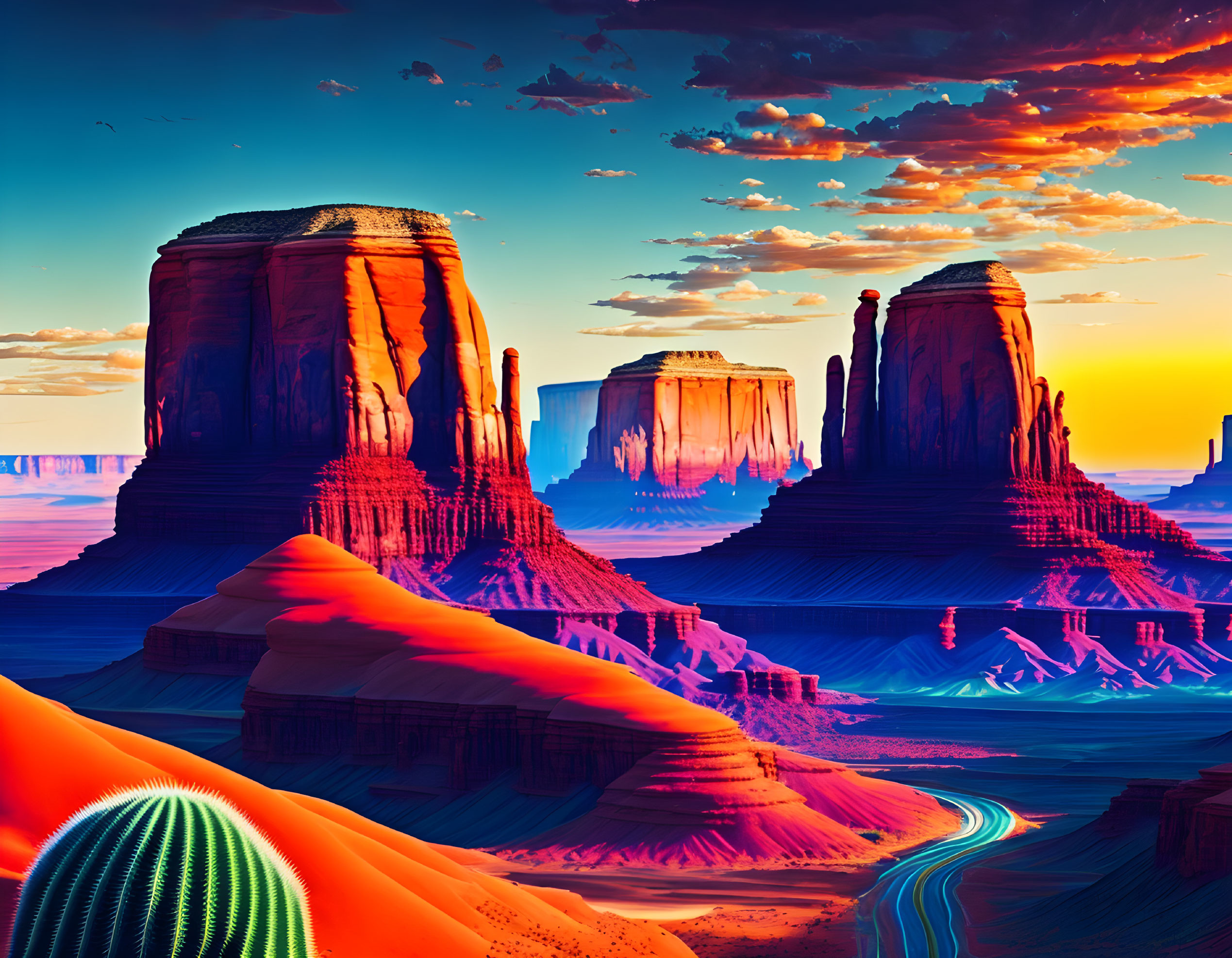 Colorful digital artwork: Desert mesas, buttes, cactus under surreal sunset.