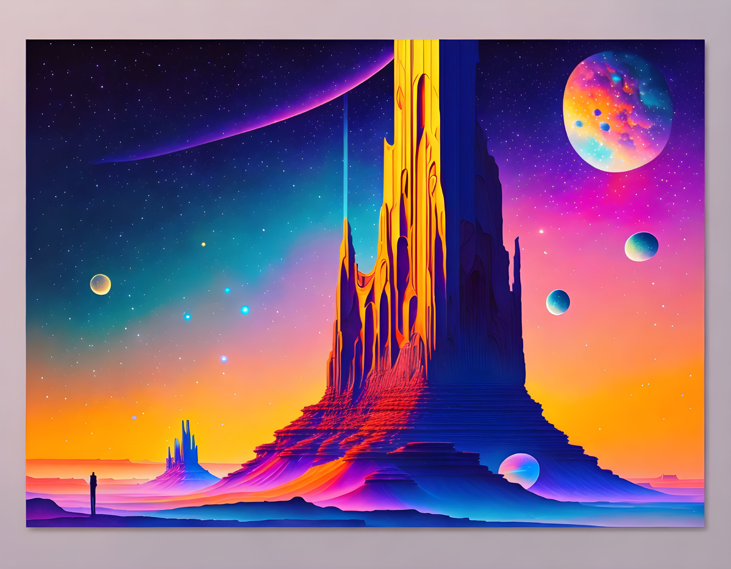 Fantastical landscape with castle, moons, planets, colorful sky