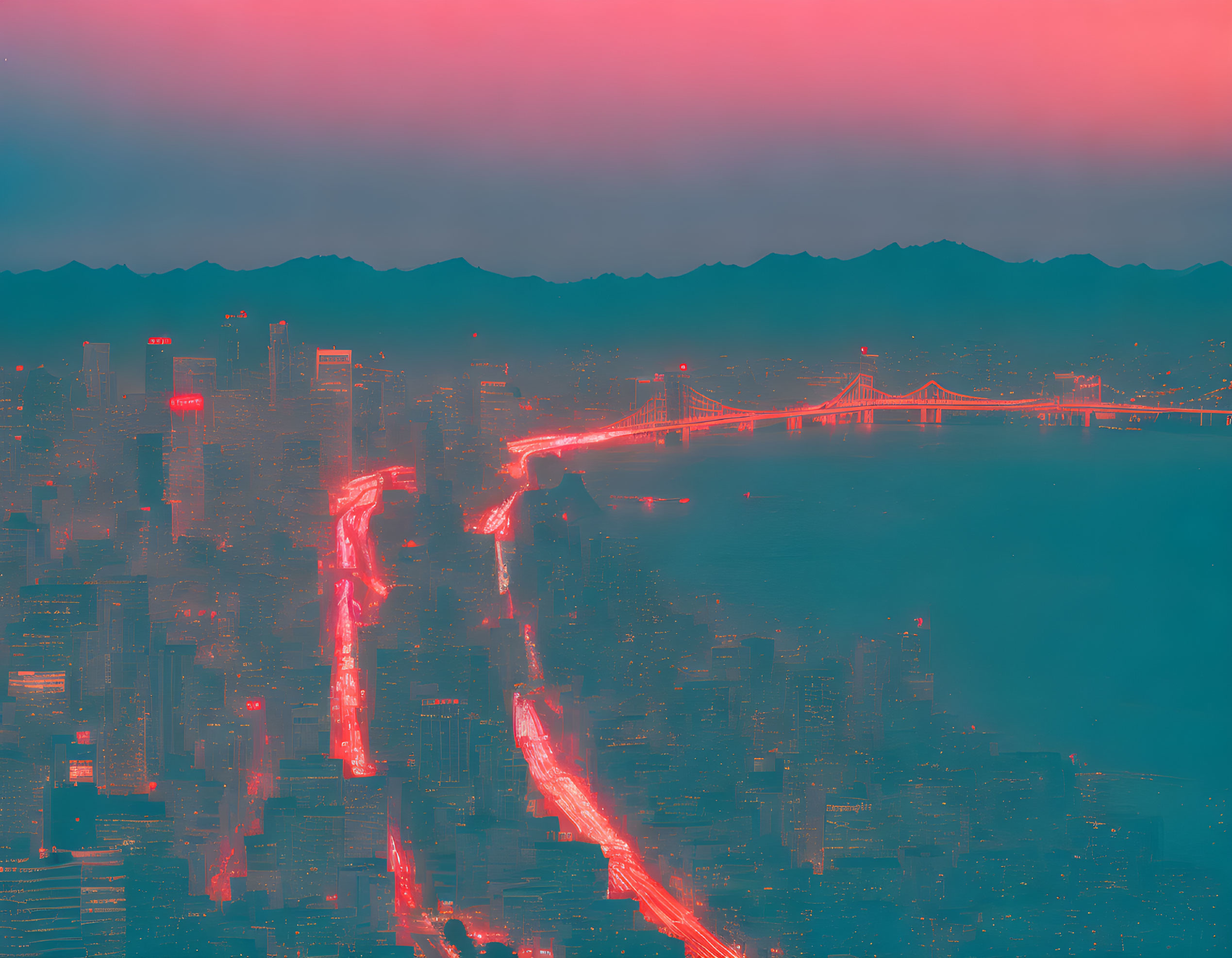 Dusk cityscape with reddish-pink hue, traffic trails, bridges, mountains, brooding