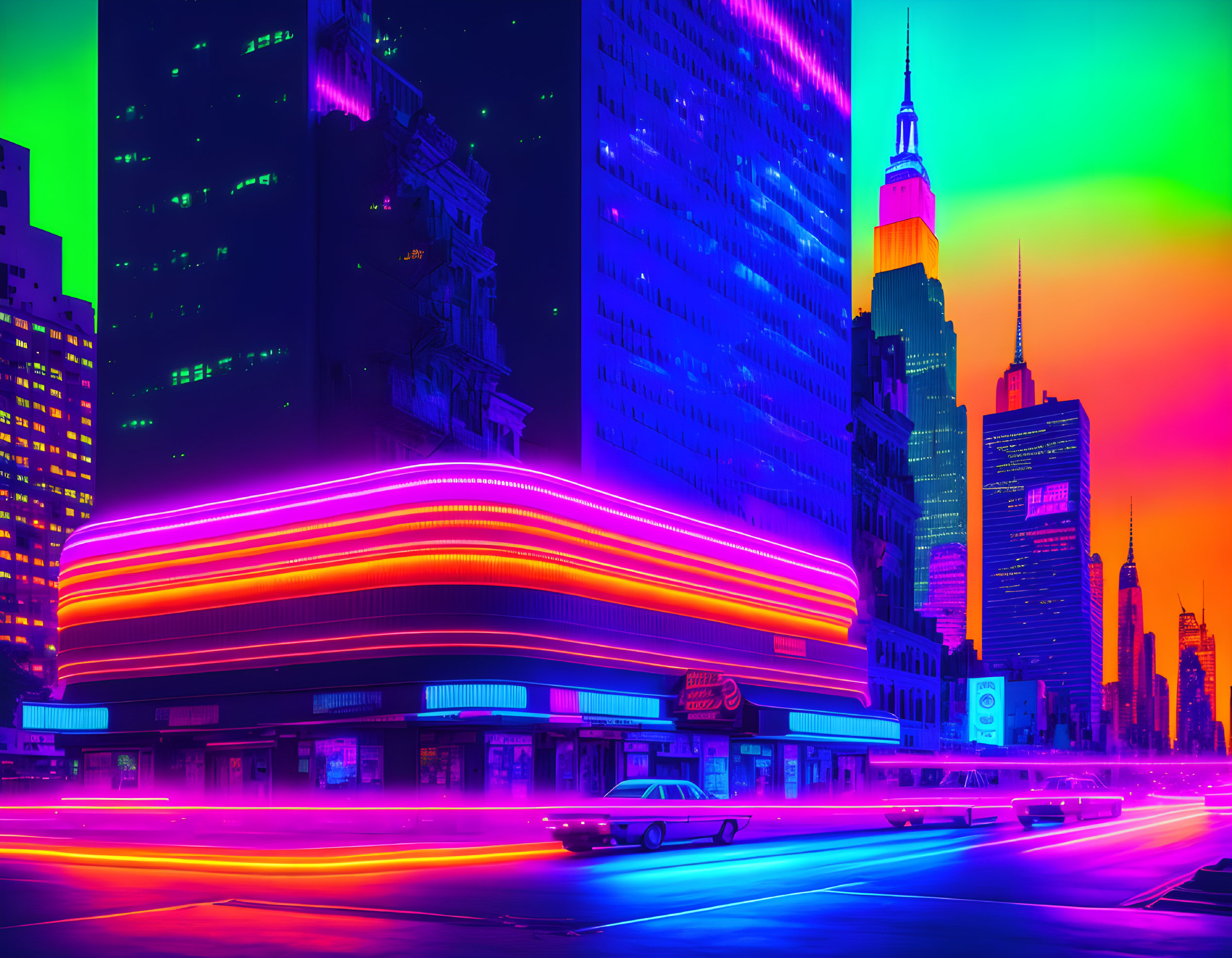 Neon-lit cityscape at dusk with retro-futuristic aesthetic