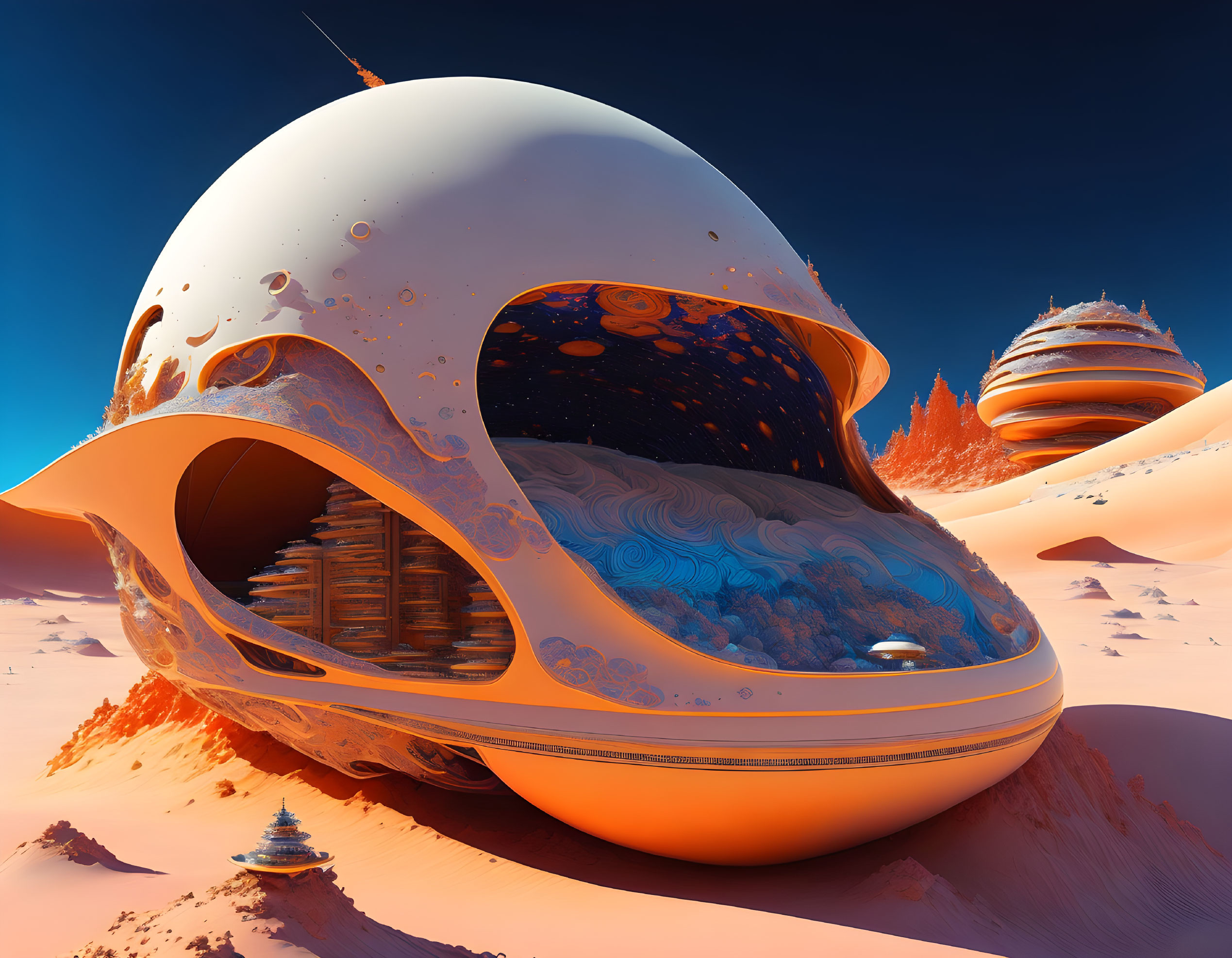 Organic egg-shaped structure with Van Gogh-inspired pattern in desert landscape