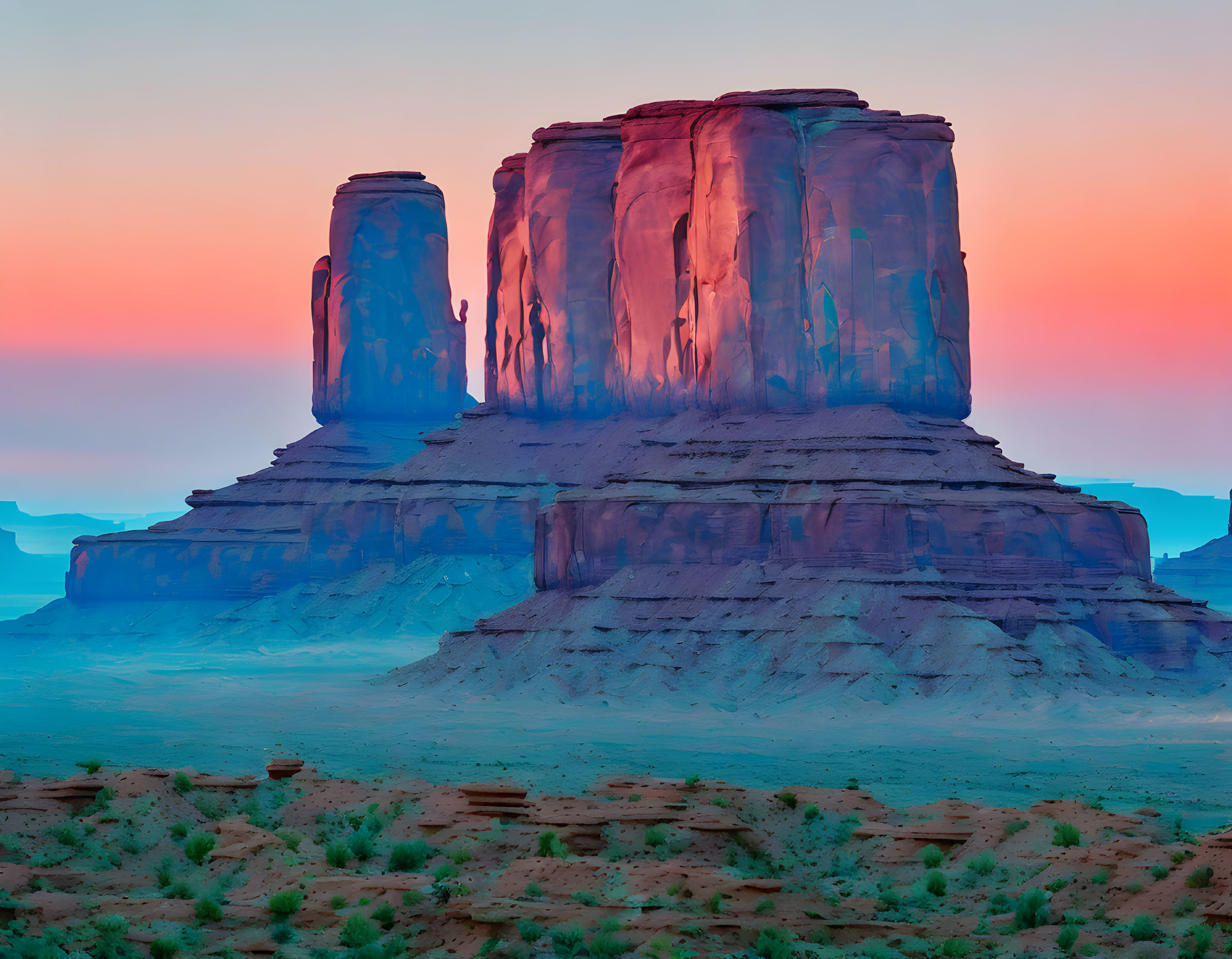 Colorful sunset sky behind Monument Valley's red sandstone buttes