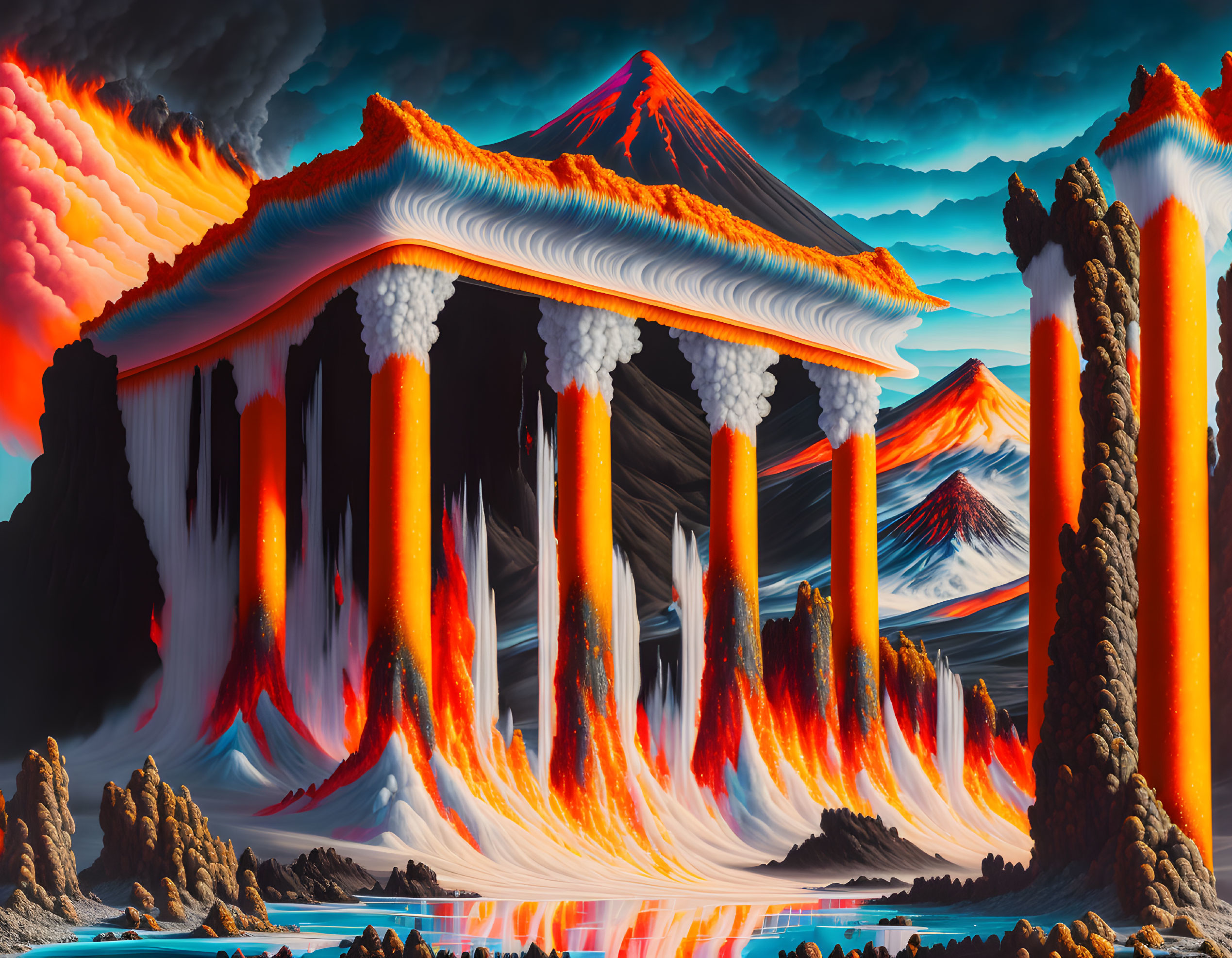 Vibrant surreal landscape with lava-like structures and volcanoes