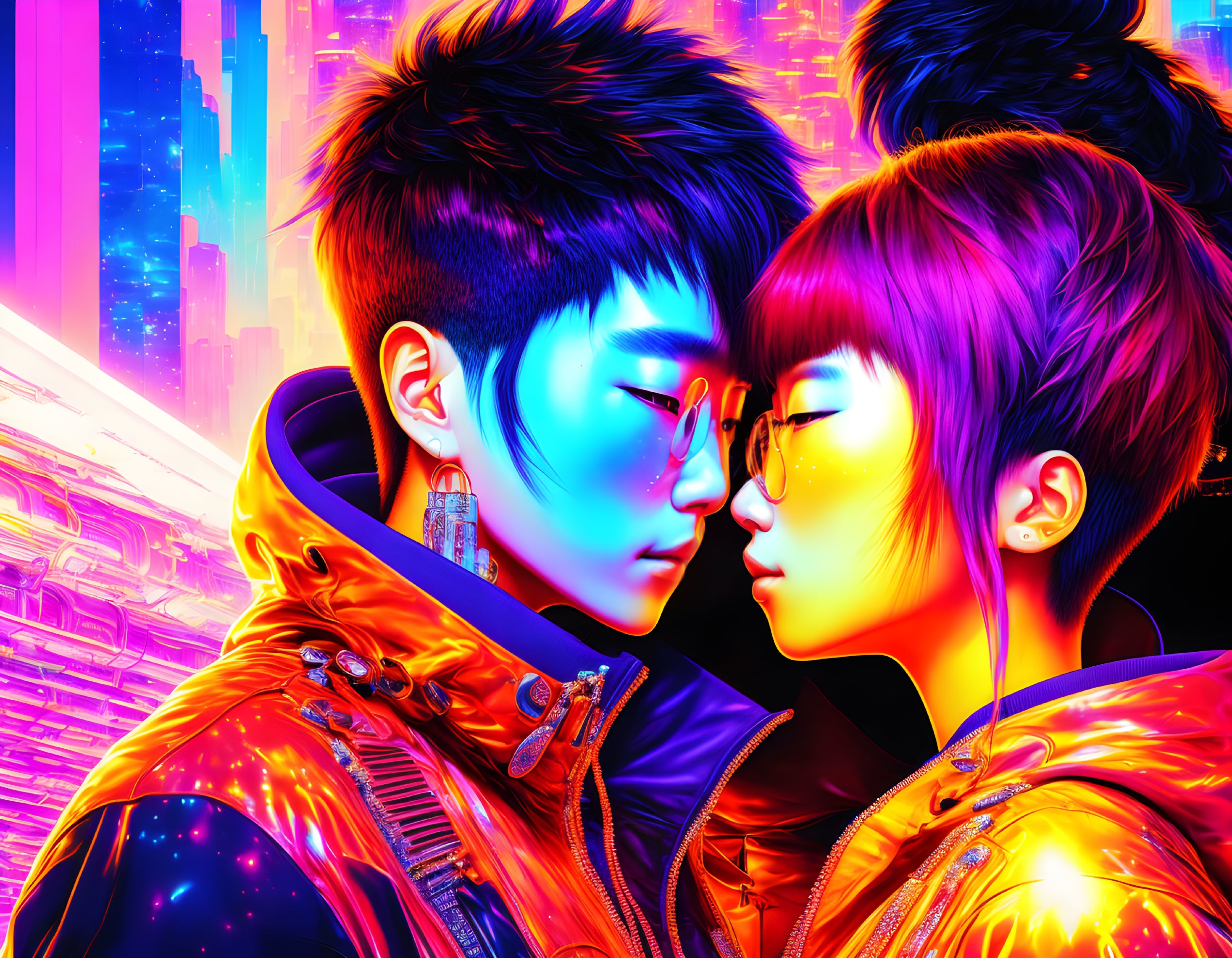 Neon-haired characters embrace in cyberpunk cityscape