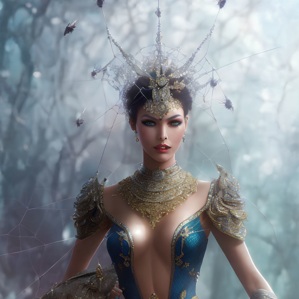 Fantasy figure in ornate crown and jeweled attire in misty forest