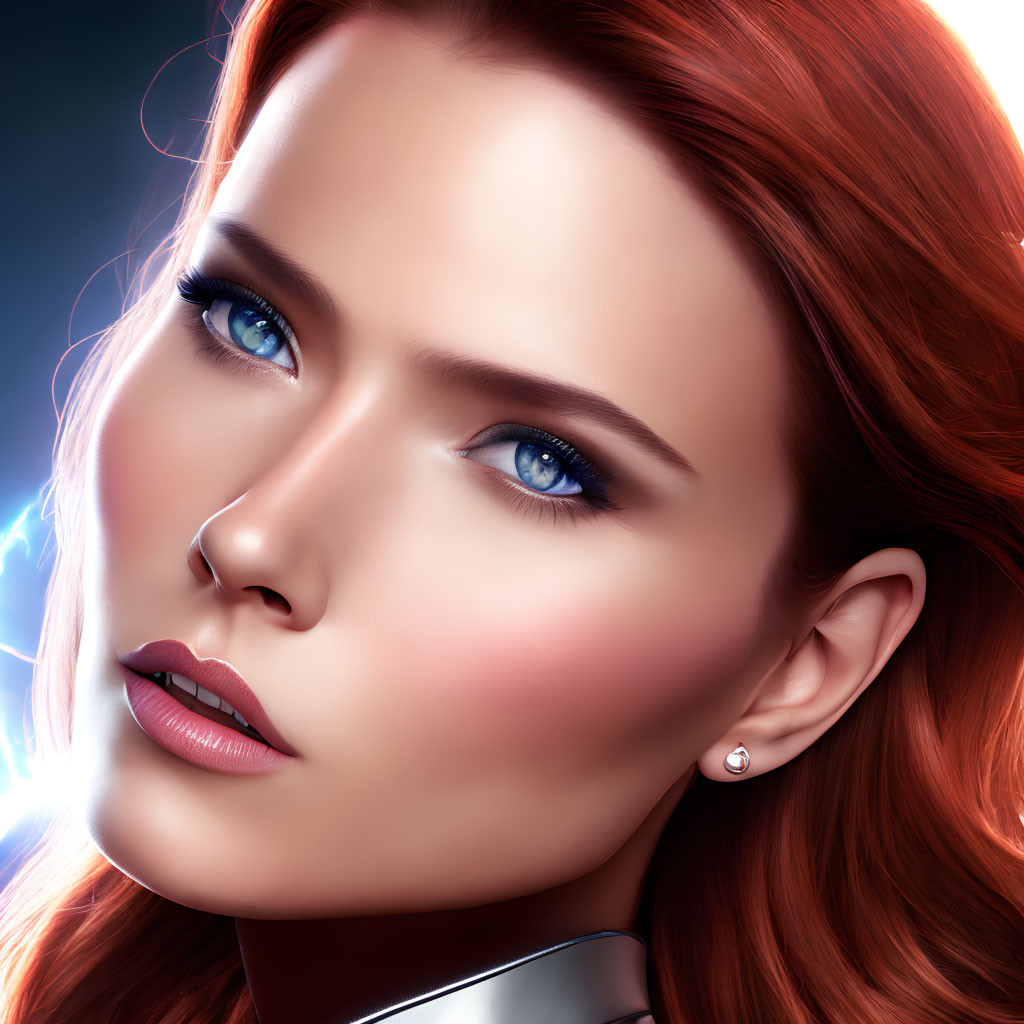 Stylized digital artwork: woman with blue eyes and red hair