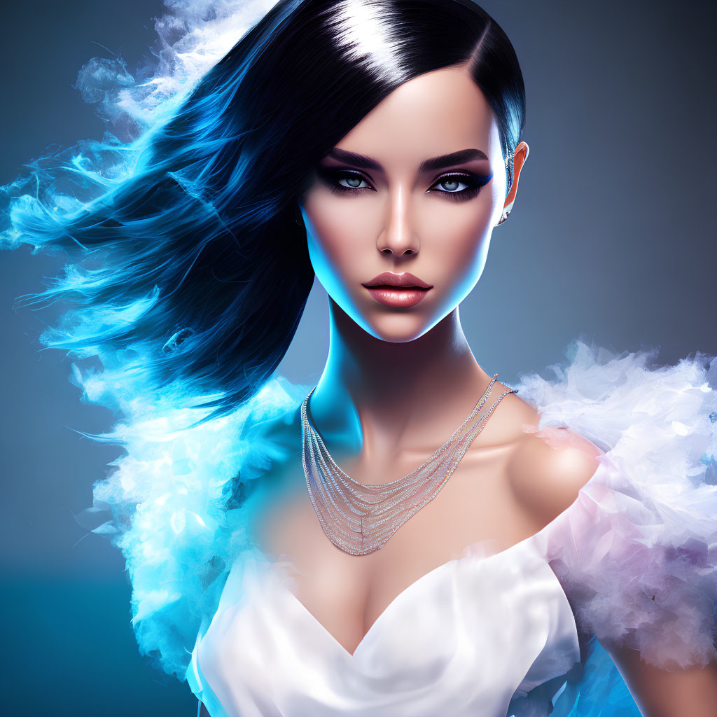 Stylized portrait of woman with blue hair and striking makeup in white dress against blue backdrop