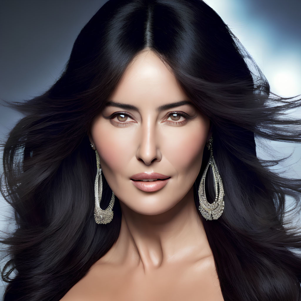 Dark-haired woman with teardrop earrings in serene pose