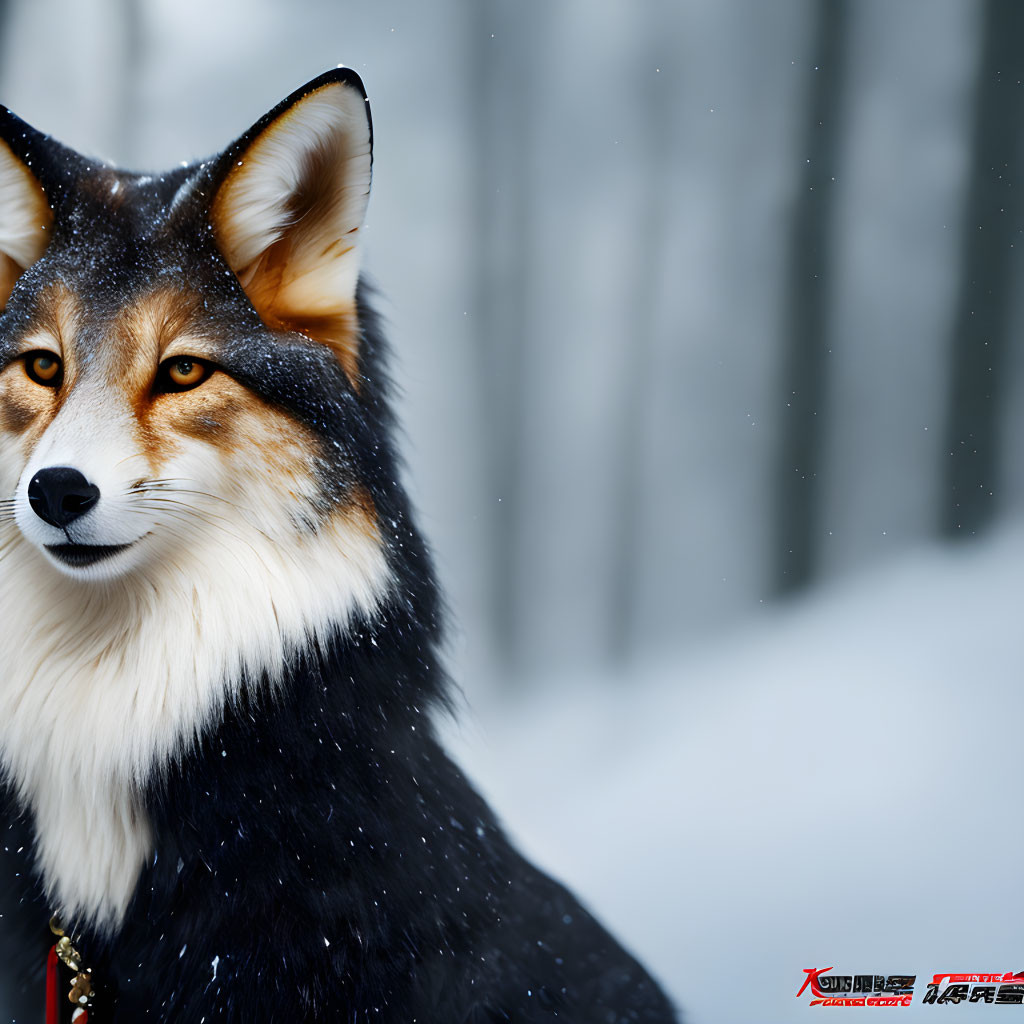 Photorealistic creature with fox head and human body in snowy forest scene