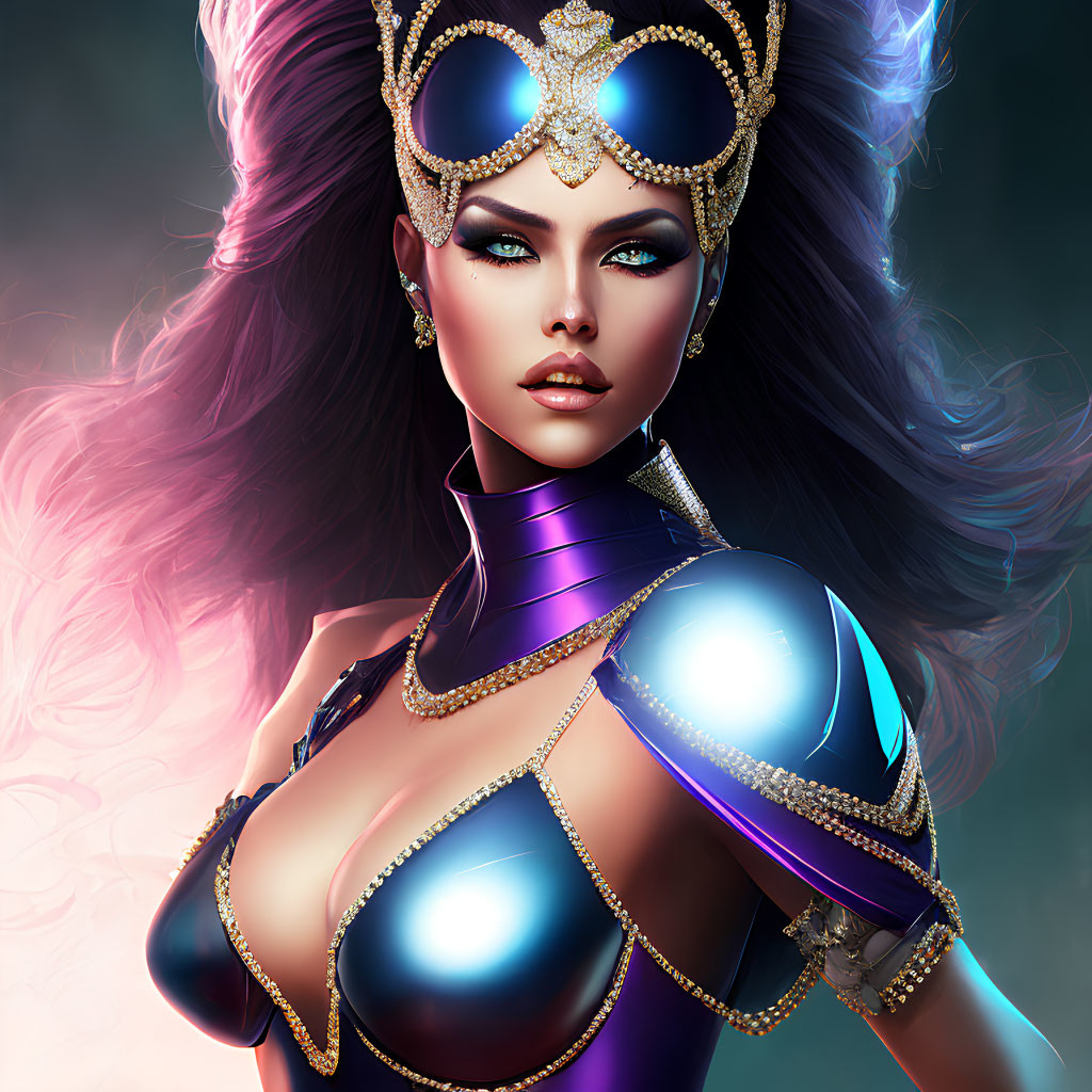 Digital artwork of woman with blue eyes, jeweled crown, and intricate armor