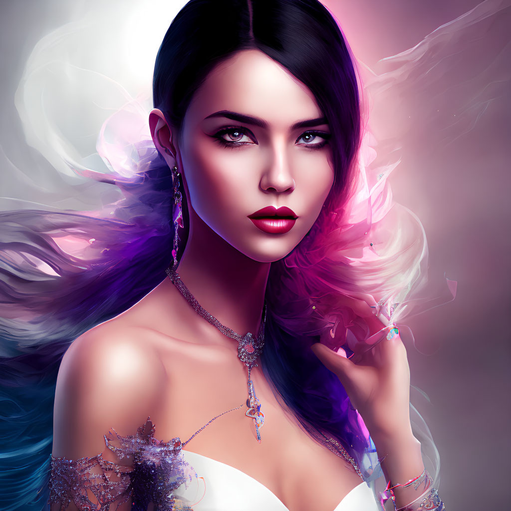 Vibrant digital illustration of woman with dark hair and colorful makeup