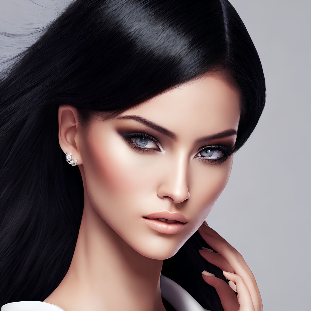 Digital portrait of woman with striking blue eyes and long black hair.