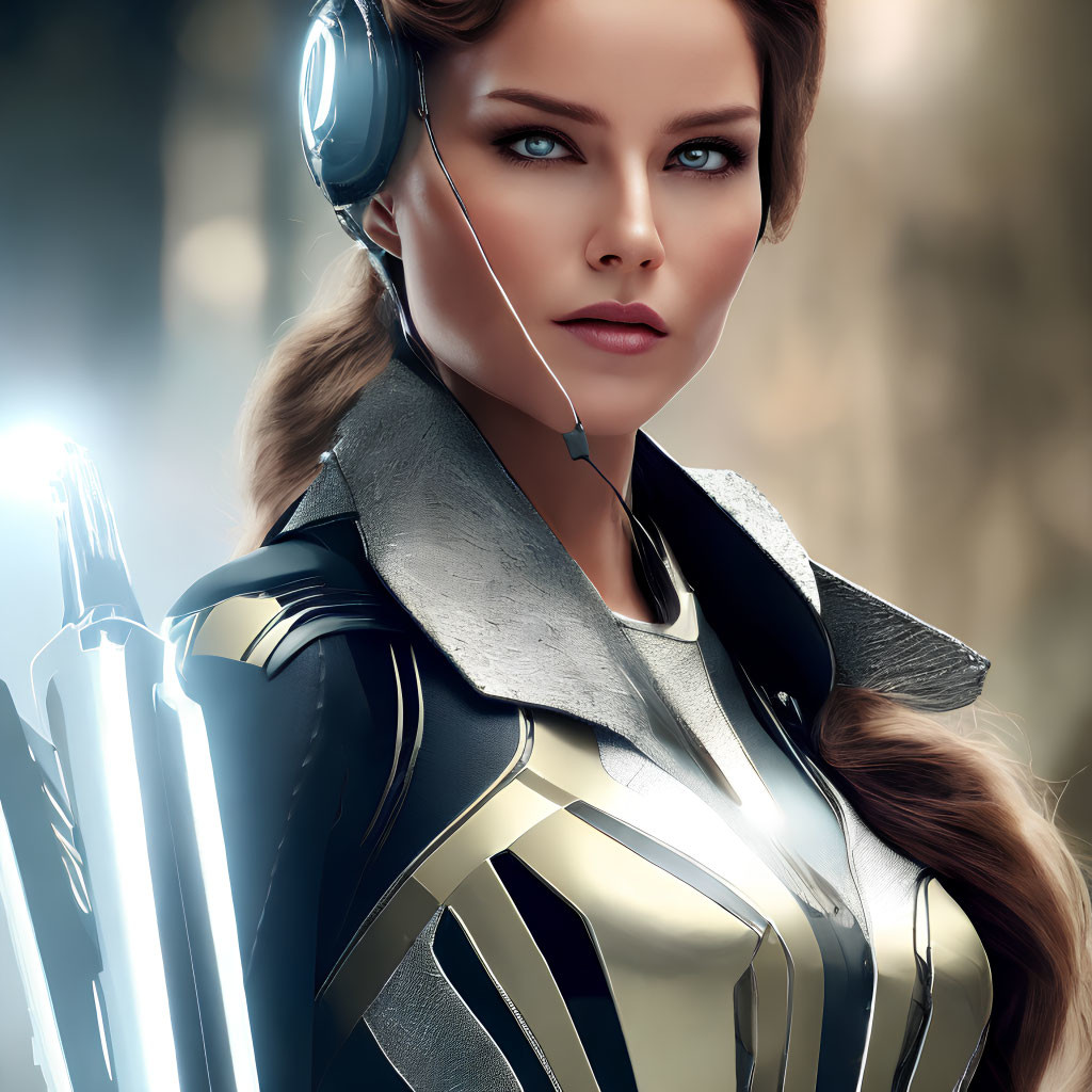 Futuristic armored woman with headset and quiver of arrows