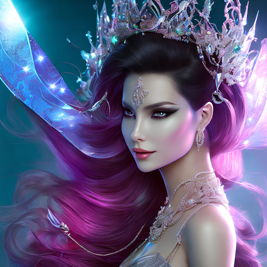 Fantasy digital art: Female character with purple hair, intricate crown, and magical elements