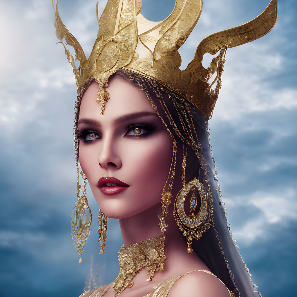 Regal woman with blue eyes and golden crown against cloudy sky