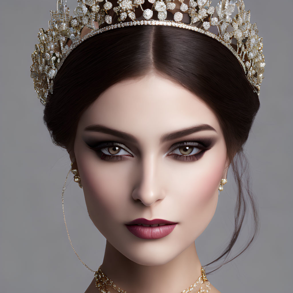 Woman with dramatic makeup and jeweled crown in intense gaze.