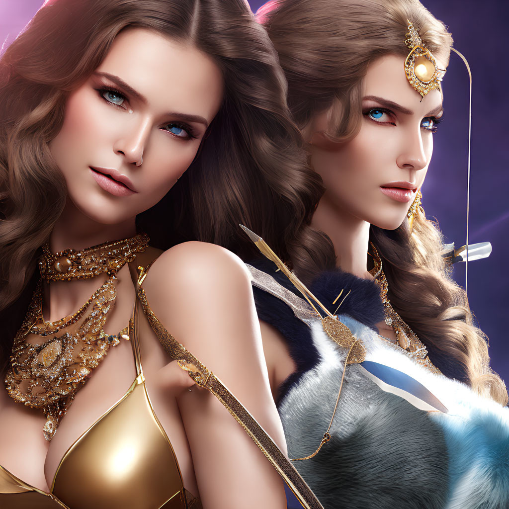 Fantasy female characters with gold jewelry and blue eyes, human and feline features