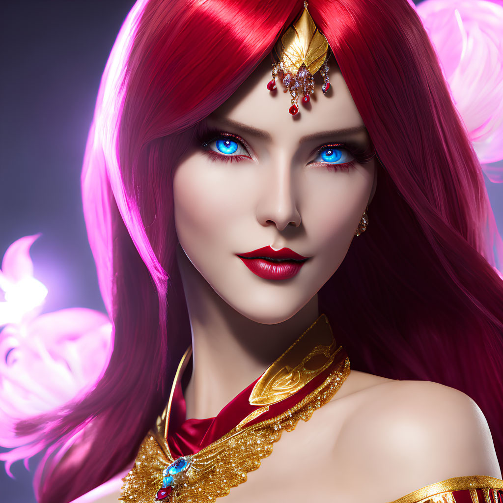 Digital portrait of woman with blue eyes, red hair, gold attire, and purple backdrop.