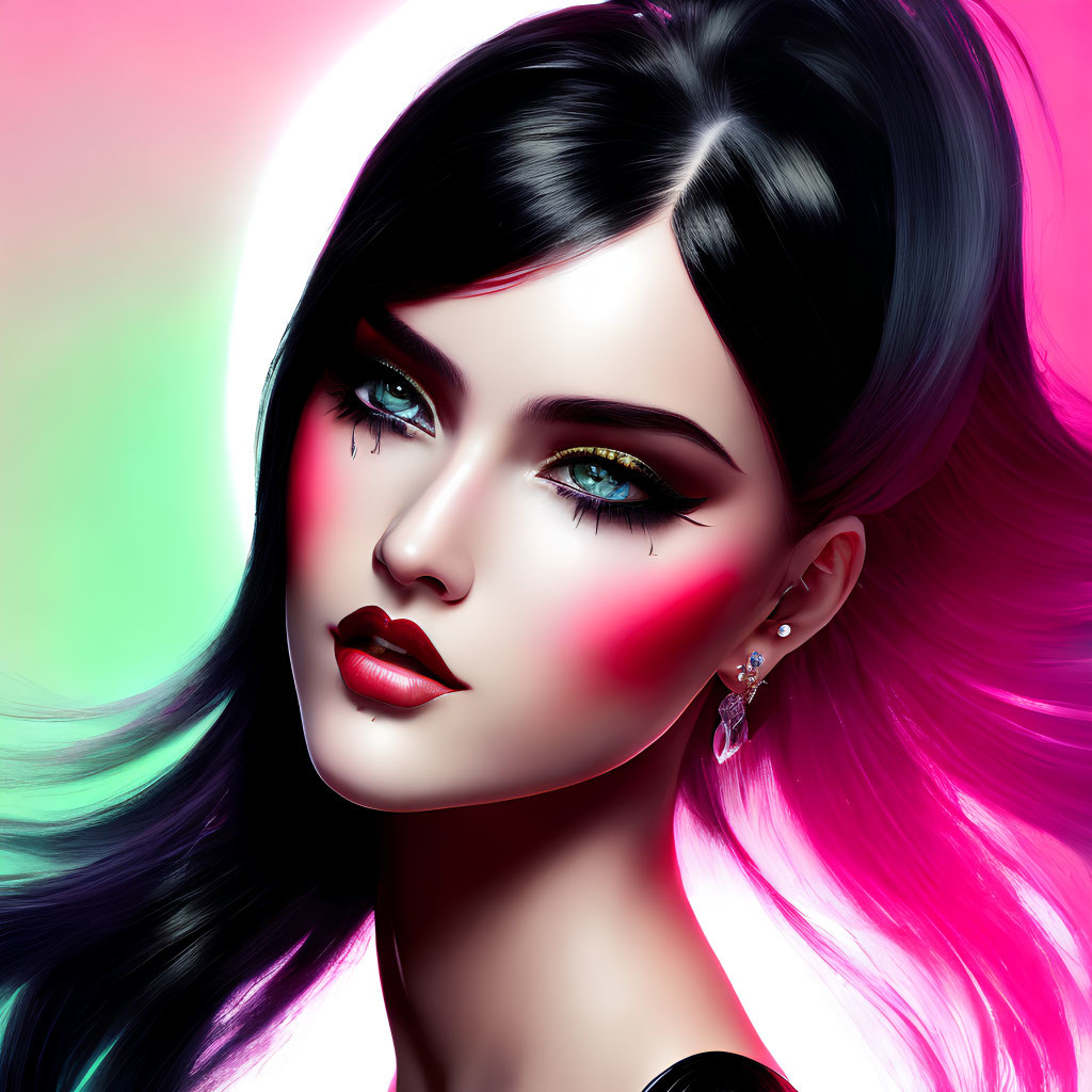 Digital artwork featuring woman with emerald eyes and neon pink highlight