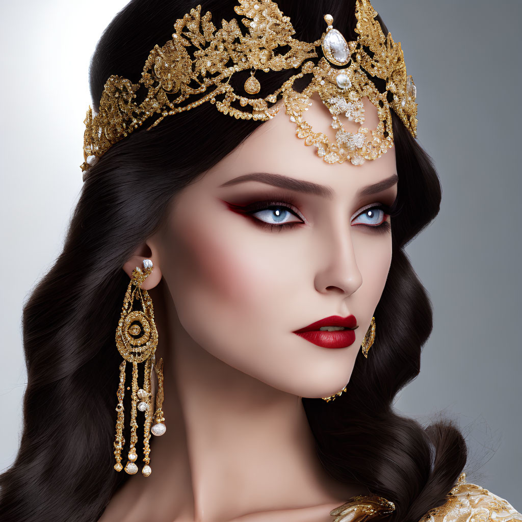 Woman Wearing Golden Tiara and Earrings with Bold Makeup