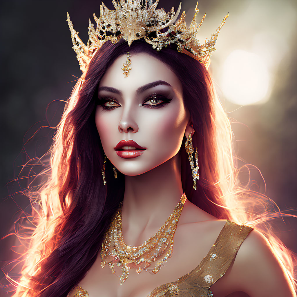 Digital artwork of woman with golden crown and jewelry, long flowing hair, intense gaze, soft-lit