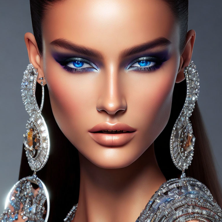 Close-up of woman with striking blue eye makeup and glamorous attire