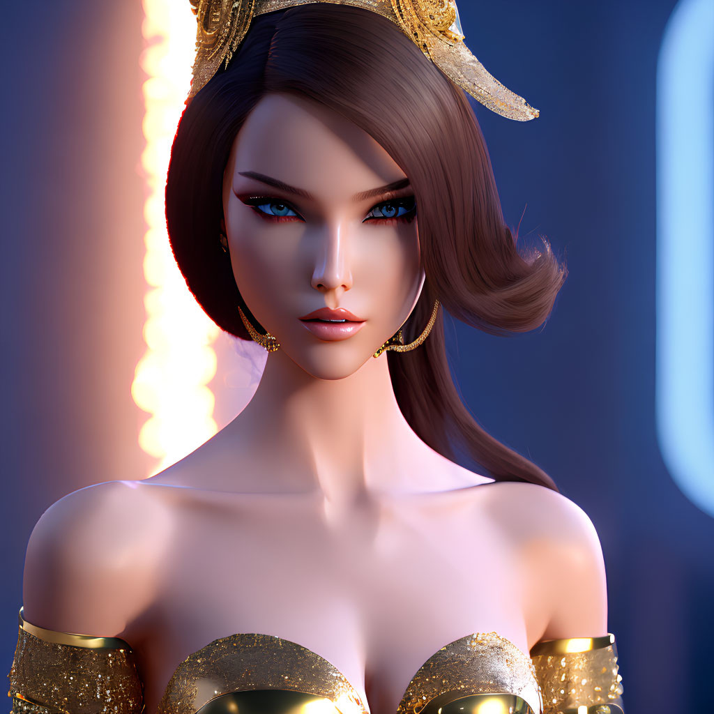 Brown-haired woman with blue eyes in gold jewelry and ornate headdress in 3D illustration