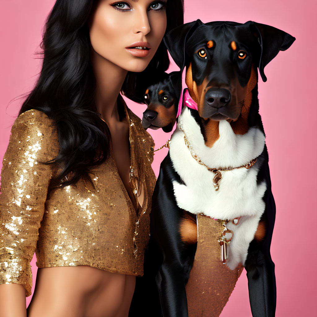 Woman with long dark hair and golden top posing with black and tan dogs on pink background