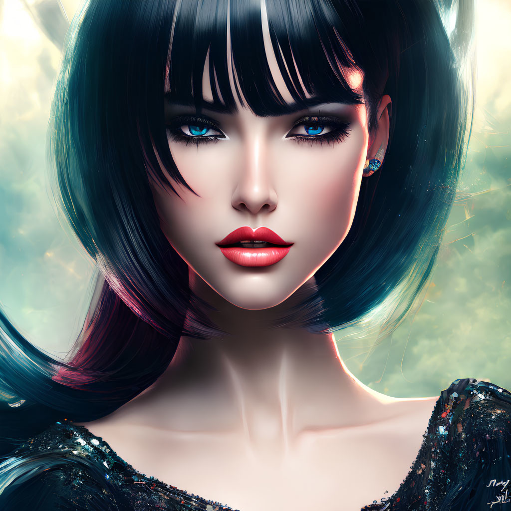 Woman with Striking Blue Eyes and Glossy Red Lips in Digital Illustration