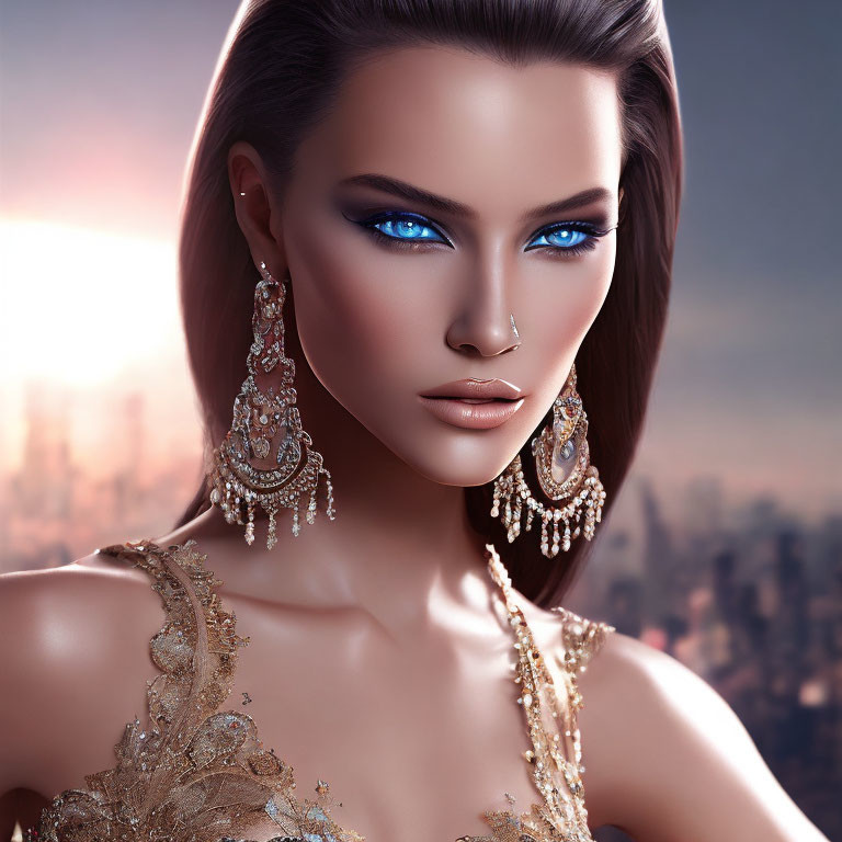 Computer-generated image of woman with blue eyes in gold sequined dress at dusk