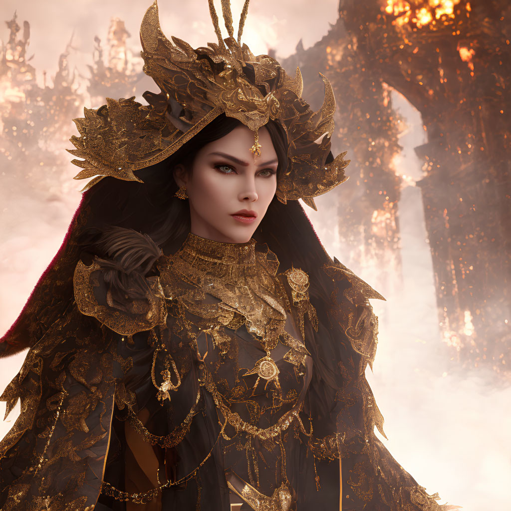 Majestic woman in golden headgear and armor against fiery backdrop