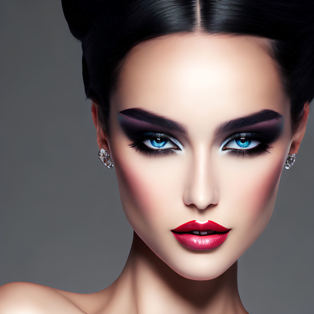 Close-up of woman with dramatic makeup: dark smokey eyeshadow, bold eyeliner, red