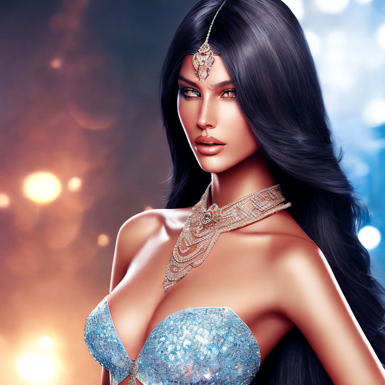 Digital art portrait of woman with long black hair, elaborate jewelry, sparkling blue top, against blurred golden