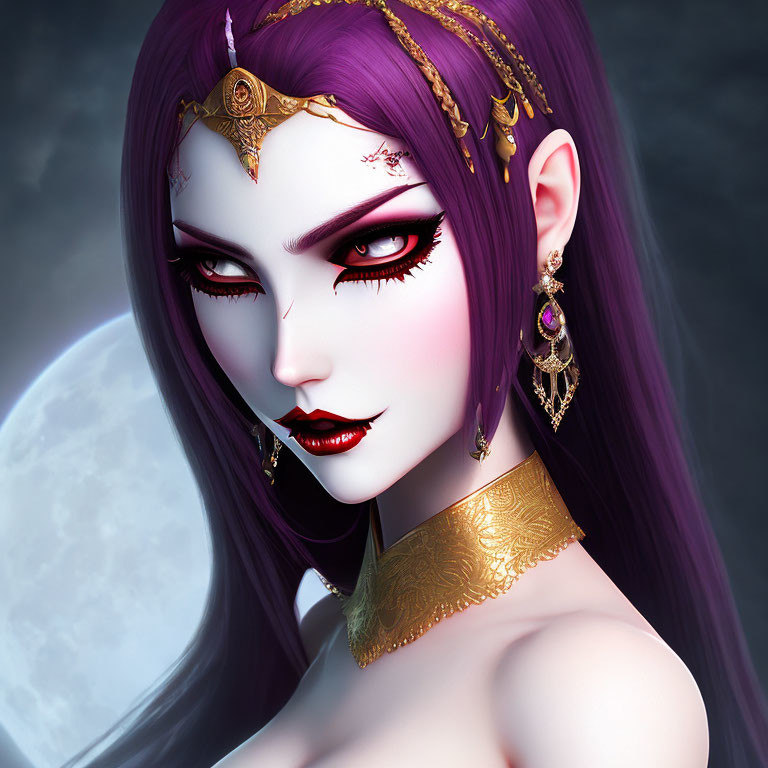 Digital artwork featuring female character with purple hair, red eyes, and ornate gold jewelry on moon backdrop