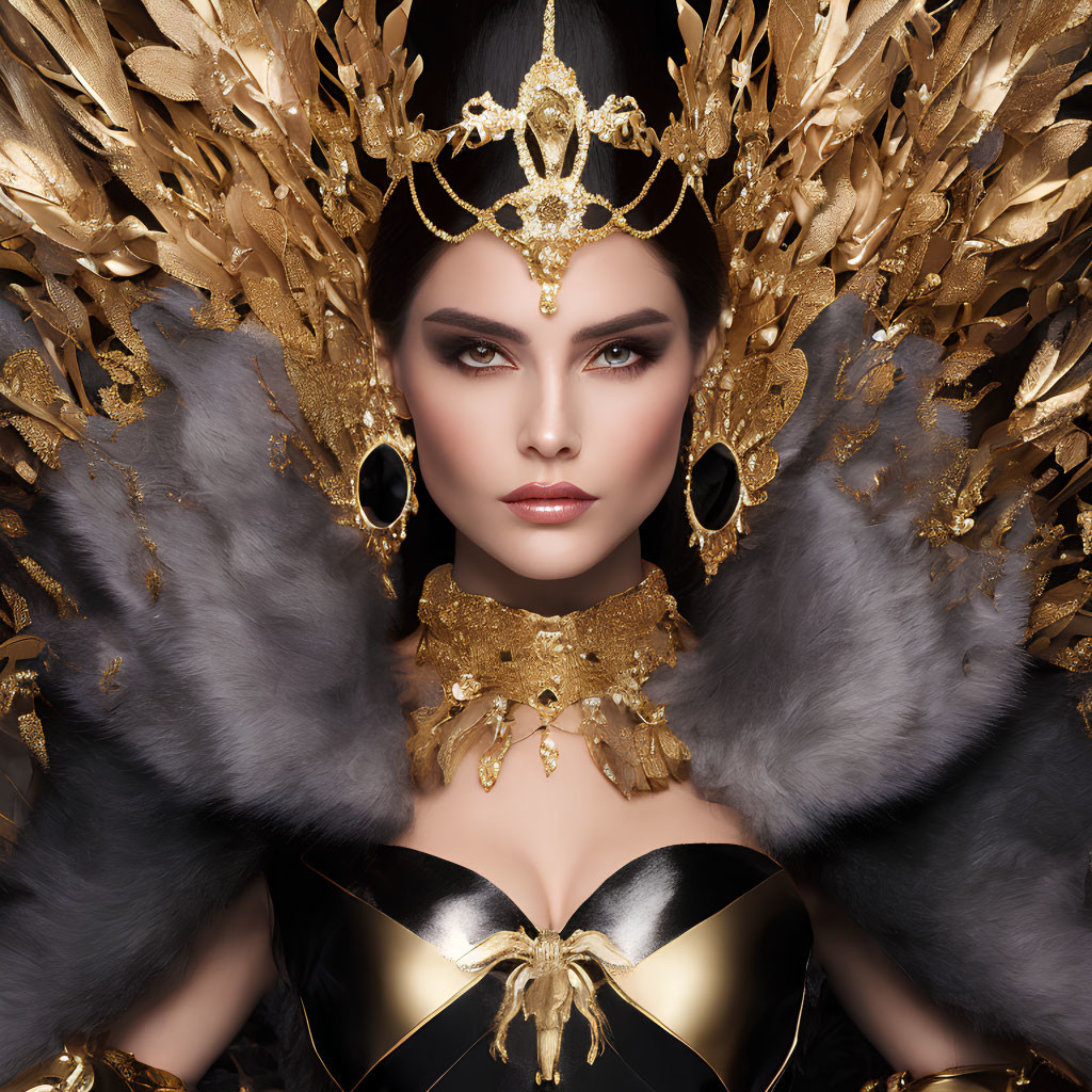 Woman with dramatic makeup and luxurious golden headdress and fur accent.